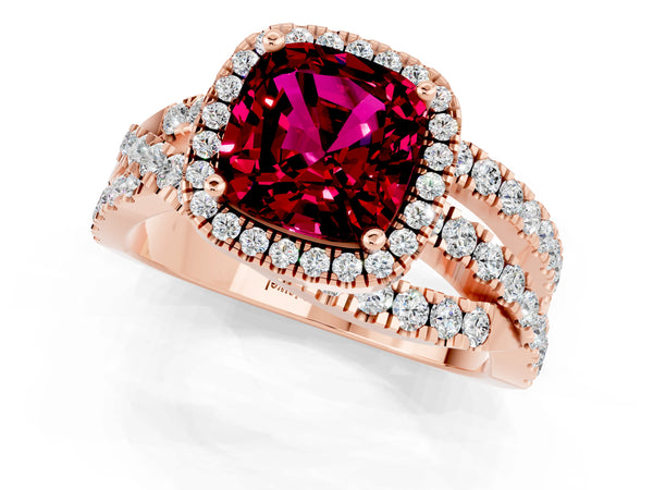 Rose gold Cushion Cut Garnet Halo Ring with Round Split Shank and Prong Setting