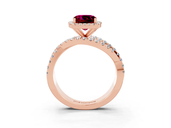 Rose gold Cushion Cut Garnet Halo Ring with Round Split Shank and Prong Setting