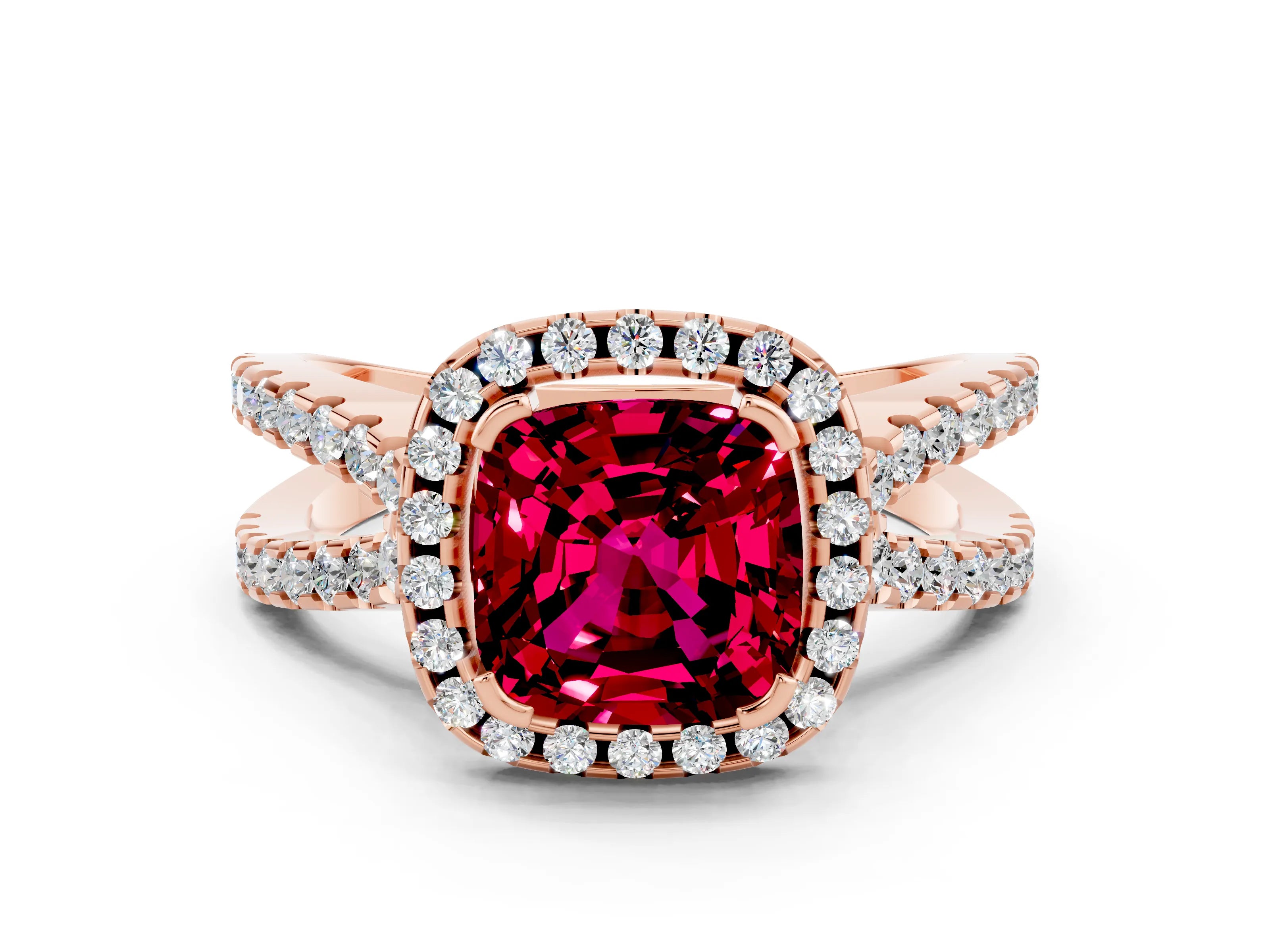 Rose gold Cushion Cut Garnet Halo Ring with Split Shank Pavé Band and Prong Setting