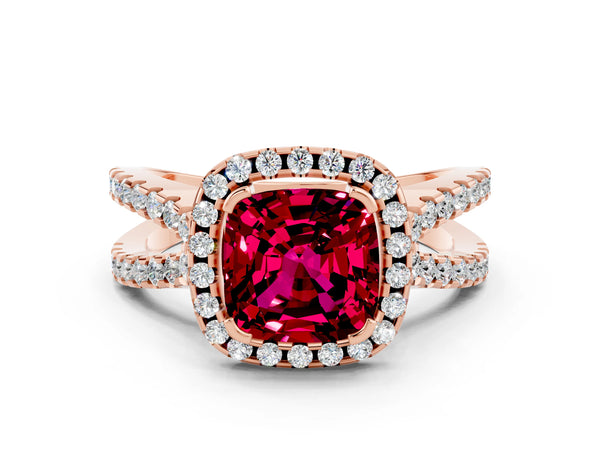 Rose gold Cushion Cut Garnet Halo Ring with Split Shank Pavé Band and Prong Setting