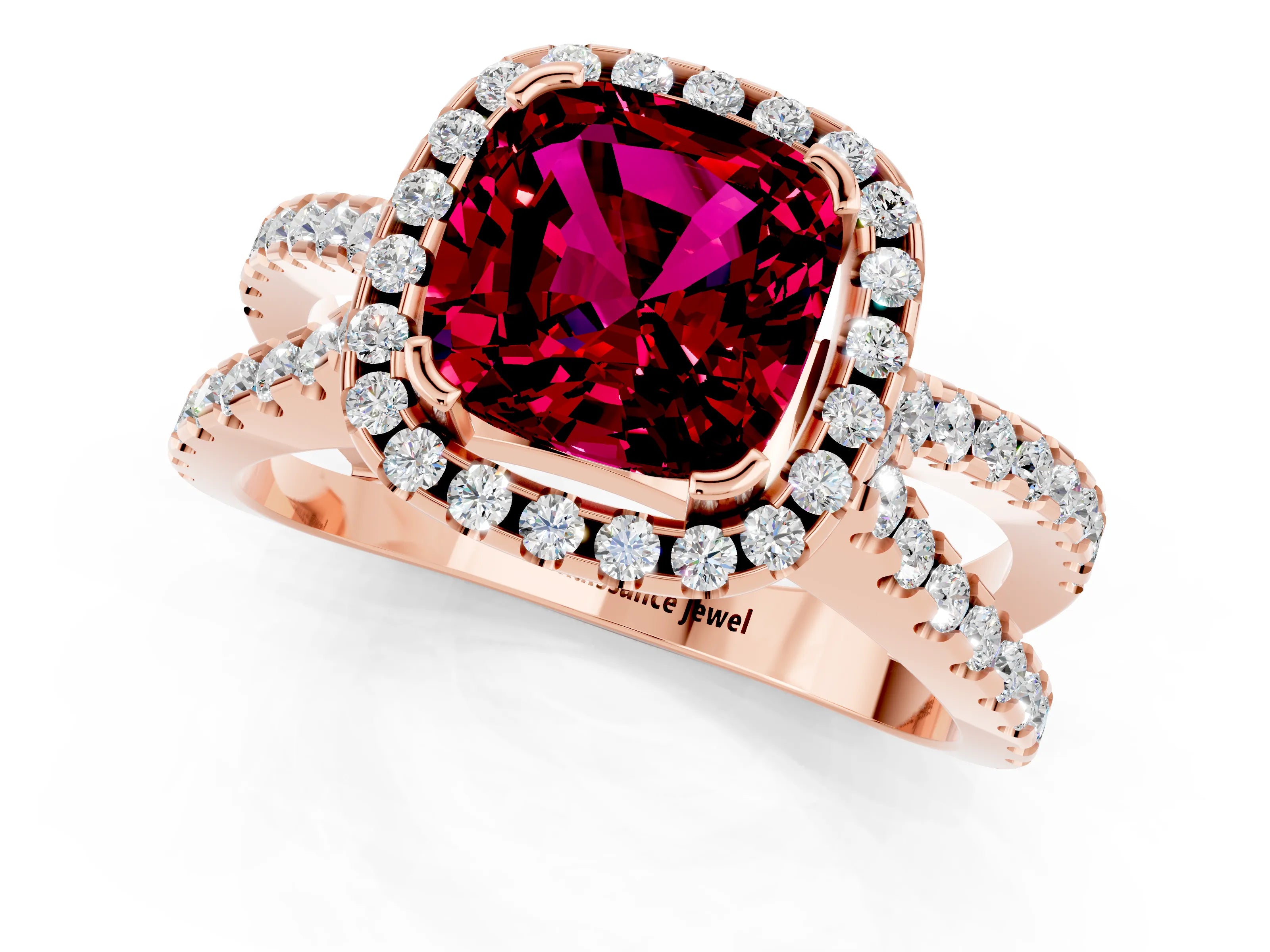 Rose gold Cushion Cut Garnet Halo Ring with Split Shank Pavé Band and Prong Setting_1