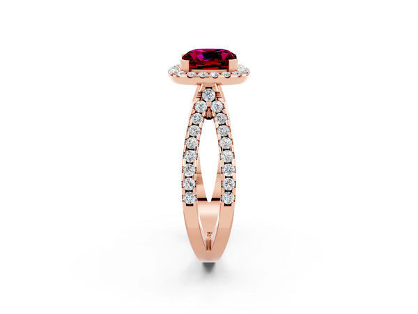 Rose gold Cushion Cut Garnet Halo Ring with Split Shank Pavé Band and Prong Setting