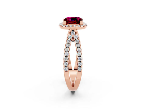 Rose gold Cushion Cut Garnet Halo Ring with Split Shank Pavé Band and Prong Setting_2