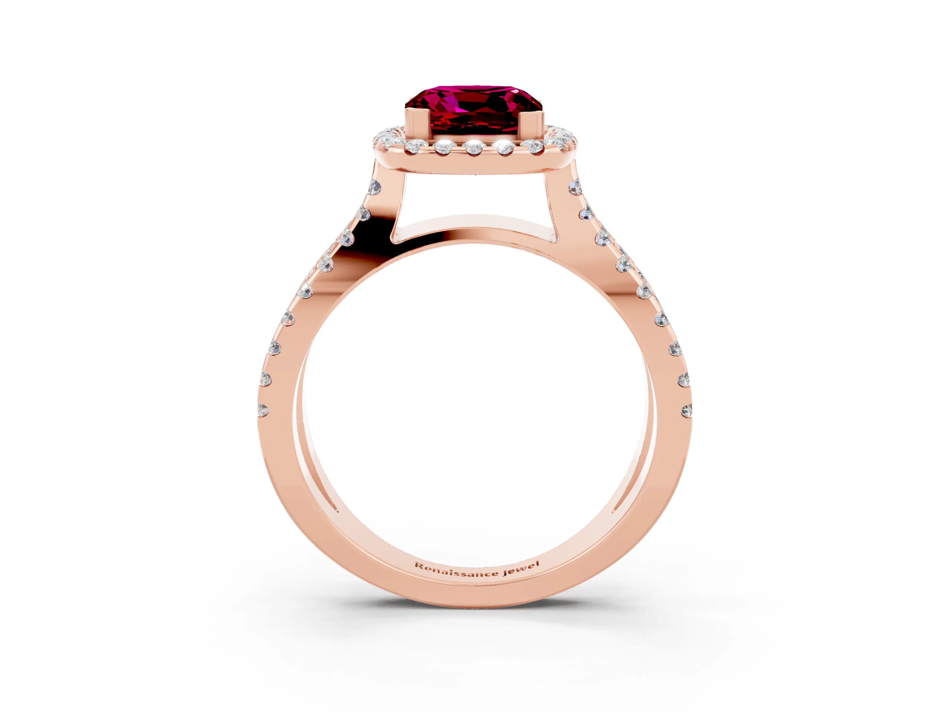 Rose gold Cushion Cut Garnet Halo Ring with Split Shank Pavé Band and Prong Setting_3