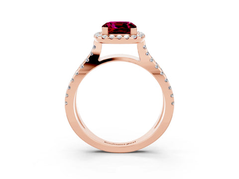 Rose gold Cushion Cut Garnet Halo Ring with Split Shank Pavé Band and Prong Setting_3
