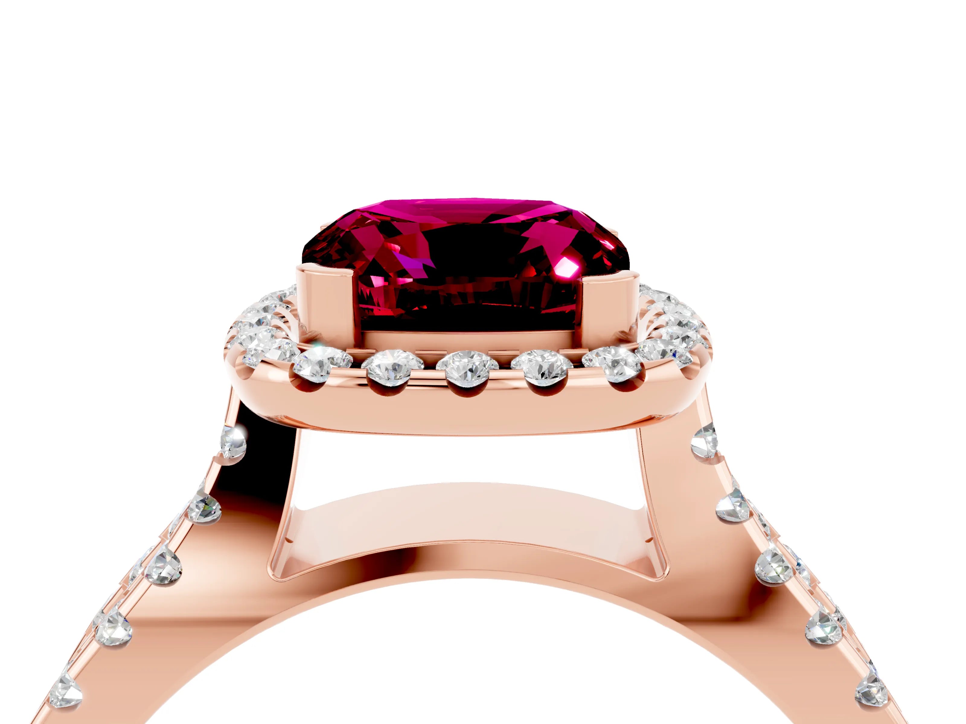 Rose gold Cushion Cut Garnet Halo Ring with Split Shank Pavé Band and Prong Setting_4