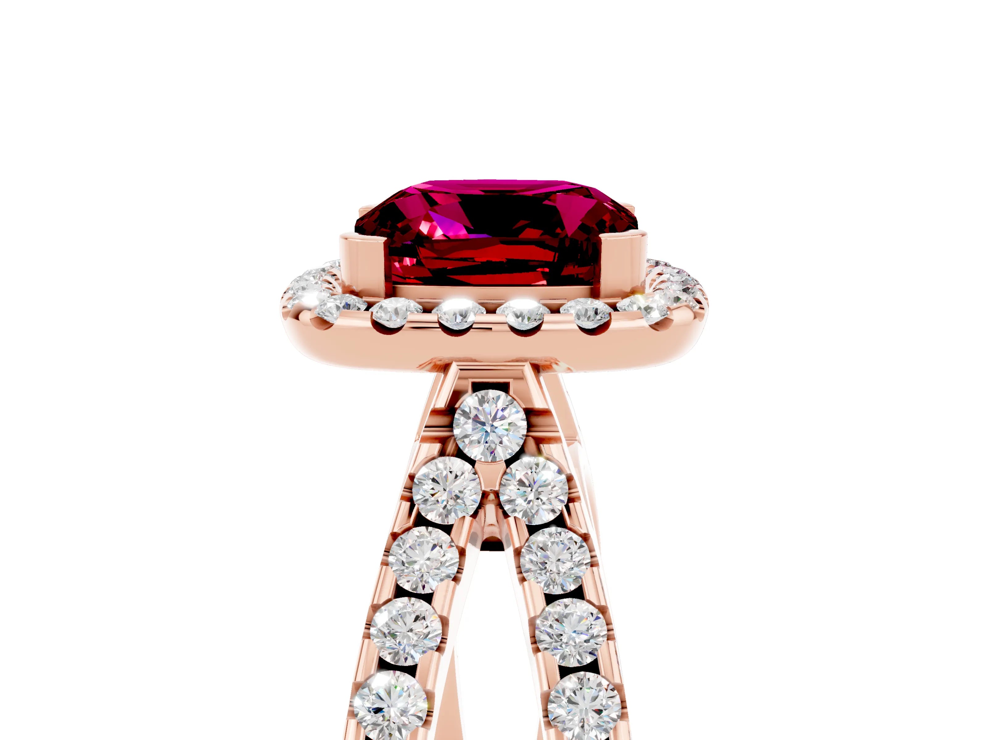 Rose gold Cushion Cut Garnet Halo Ring with Split Shank Pavé Band and Prong Setting_5