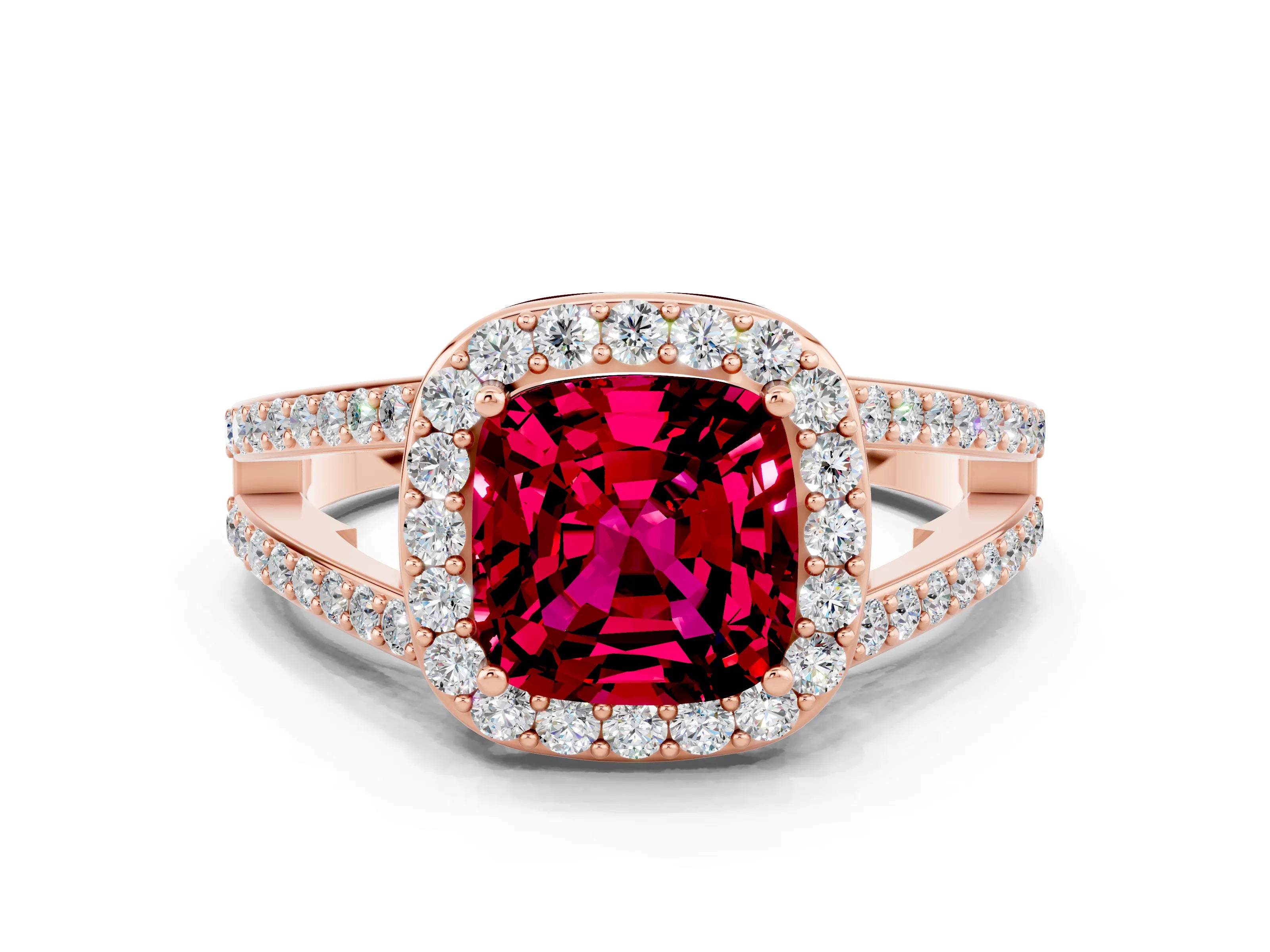 Rose gold Cushion Cut Garnet Halo Ring with Split Shank U-Prong Band and Four-Prong Setting