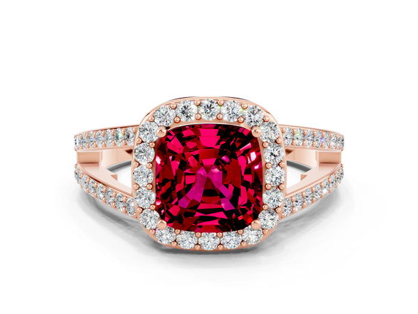 Rose gold Cushion Cut Garnet Halo Ring with Split Shank U-Prong Band and Four-Prong Setting