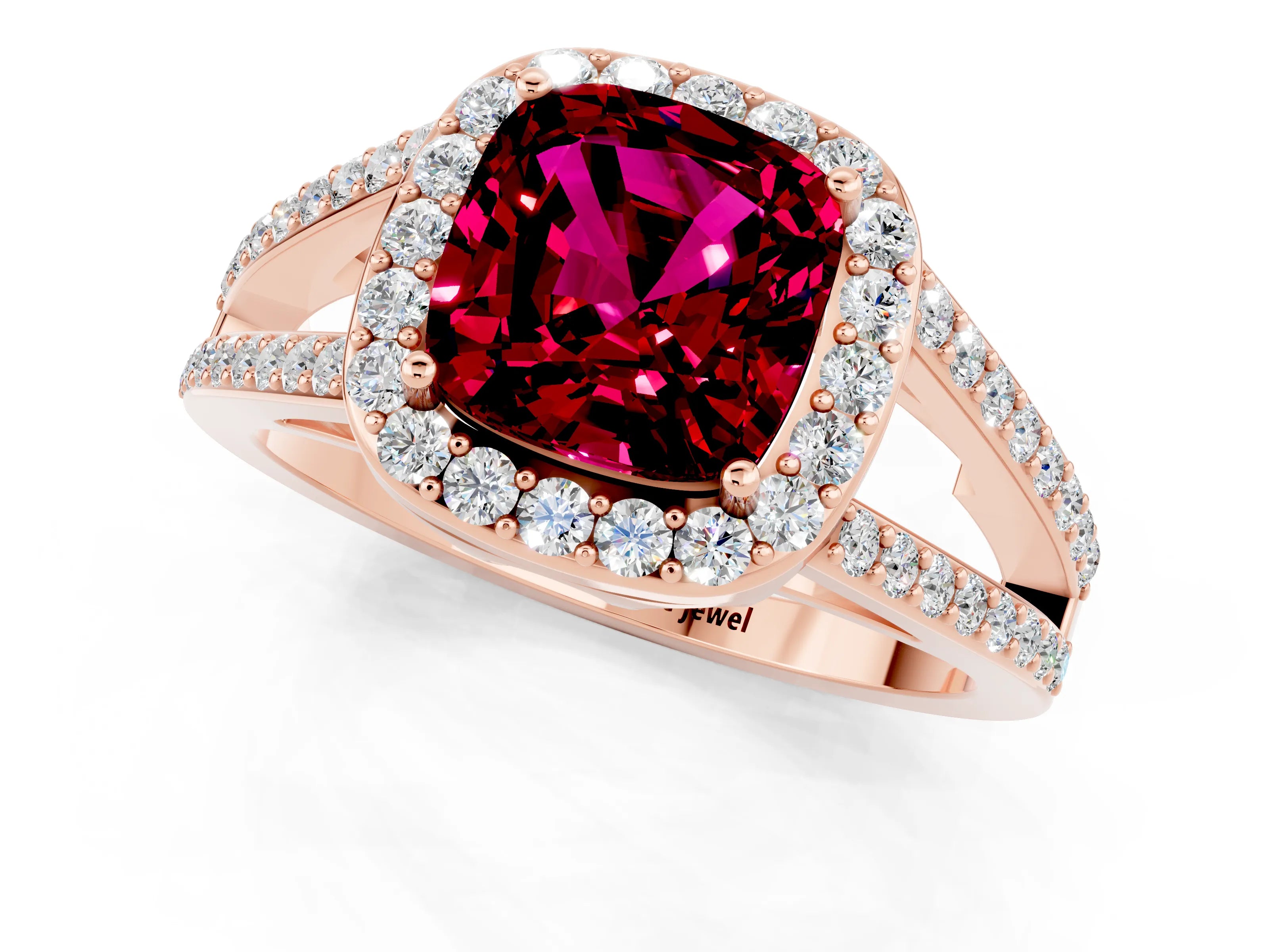 Rose gold Cushion Cut Garnet Halo Ring with Split Shank U-Prong Band and Four-Prong Setting_1