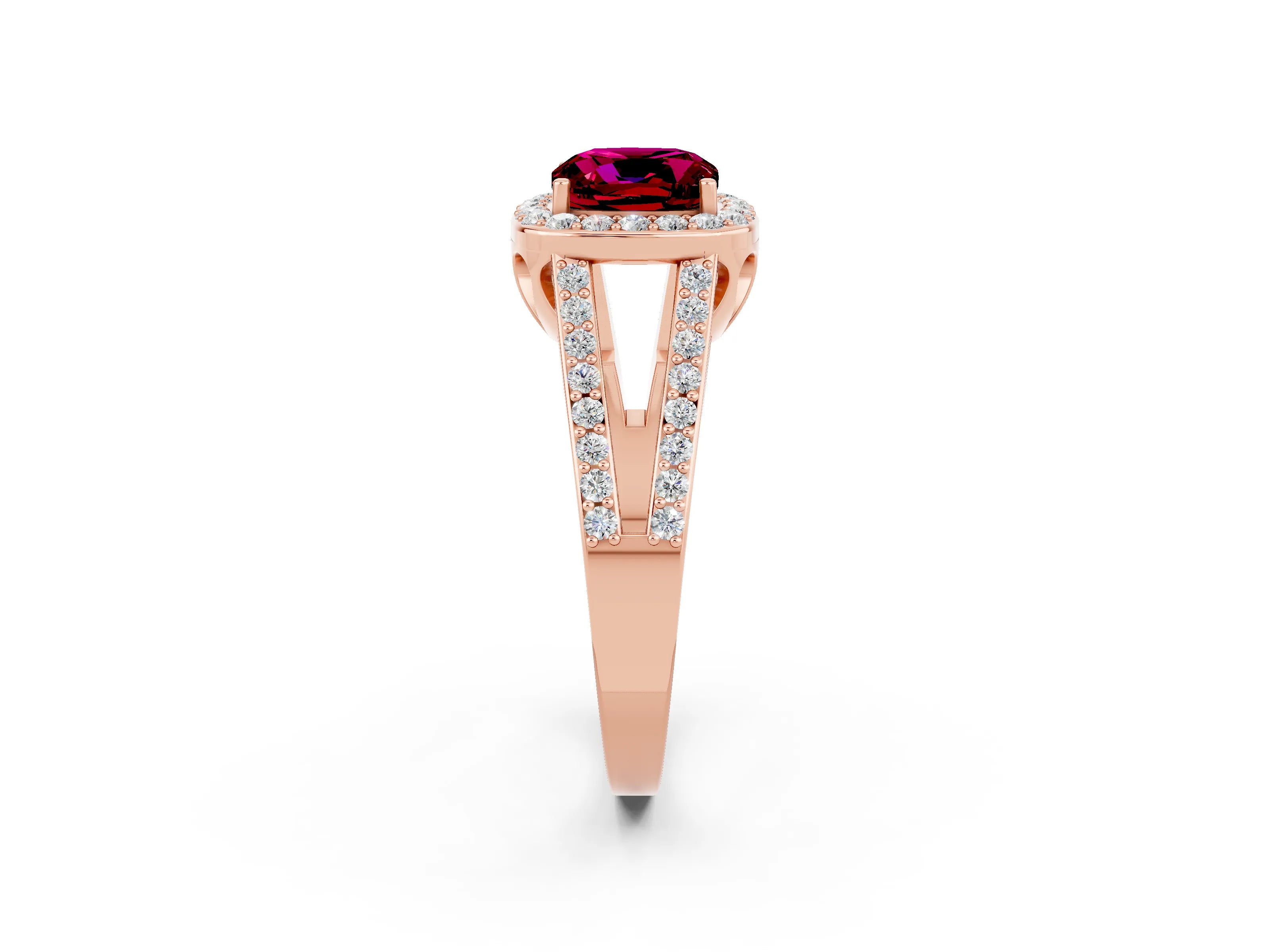 Rose gold Cushion Cut Garnet Halo Ring with Split Shank U-Prong Band and Four-Prong Setting_2