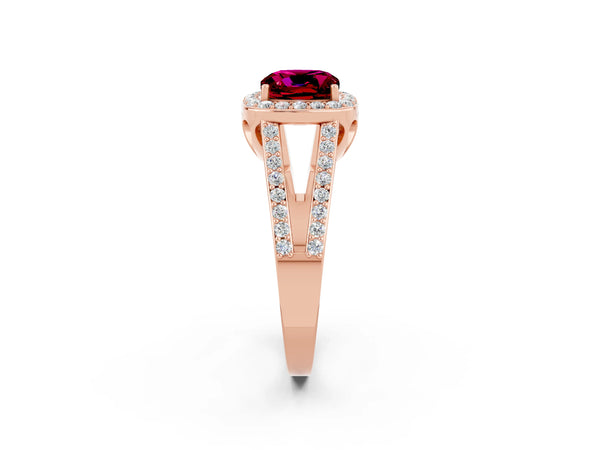 Rose gold Cushion Cut Garnet Halo Ring with Split Shank U-Prong Band and Four-Prong Setting