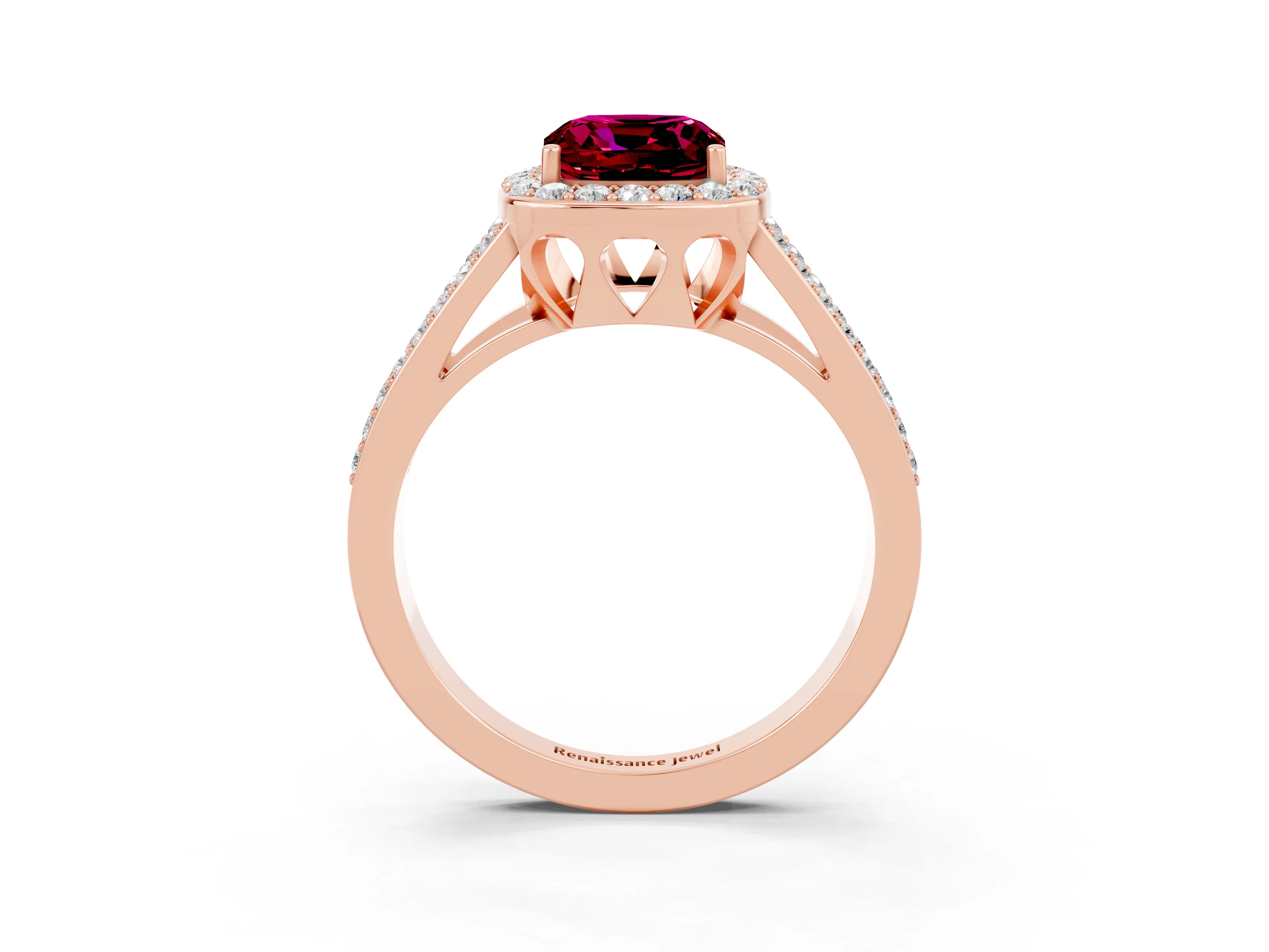 Rose gold Cushion Cut Garnet Halo Ring with Split Shank U-Prong Band and Four-Prong Setting_3