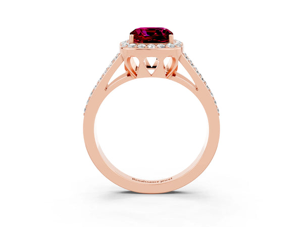 Rose gold Cushion Cut Garnet Halo Ring with Split Shank U-Prong Band and Four-Prong Setting