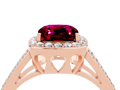 Rose gold Cushion Cut Garnet Halo Ring with Split Shank U-Prong Band and Four-Prong Setting_4