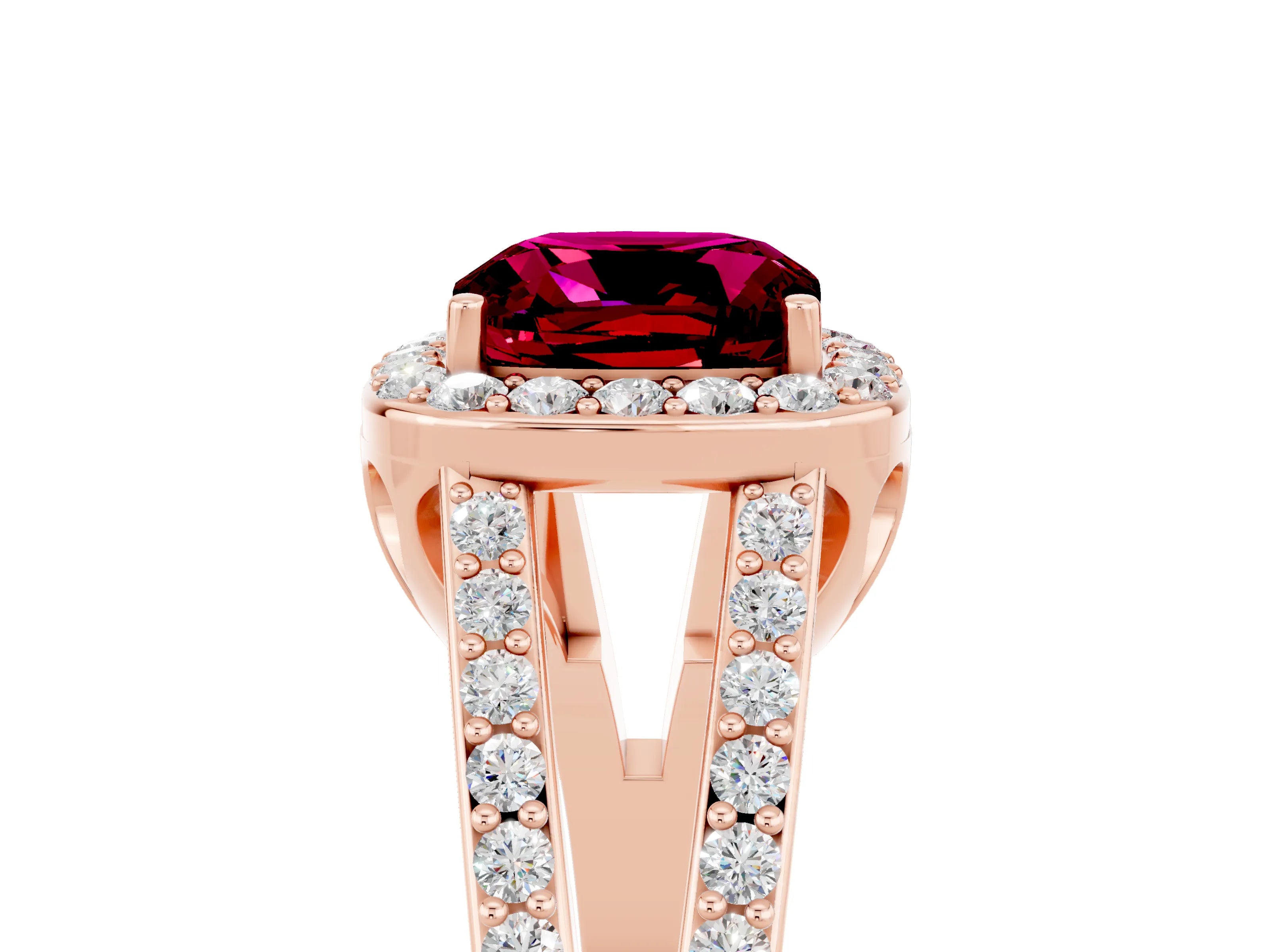 Rose gold Cushion Cut Garnet Halo Ring with Split Shank U-Prong Band and Four-Prong Setting_5