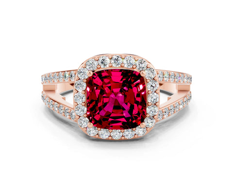 Rose gold Cushion Cut Garnet Halo Ring with Split Shank U-Prong Band and Four-Prong Setting