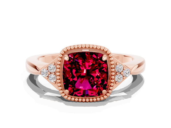 Rose gold Cushion Cut Garnet Halo Ring with Tapered Band and Four-Prong Setting