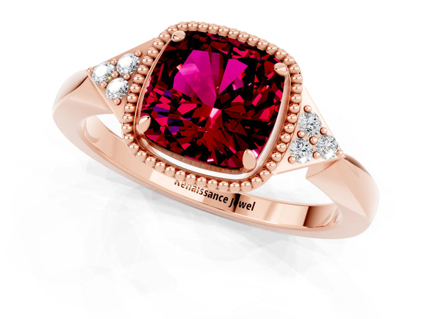 Rose gold Cushion Cut Garnet Halo Ring with Tapered Band and Four-Prong Setting