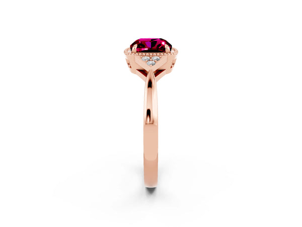 Rose gold Cushion Cut Garnet Halo Ring with Tapered Band and Four-Prong Setting