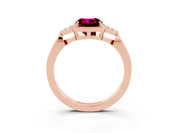 Rose gold Cushion Cut Garnet Halo Ring with Tapered Band and Four-Prong Setting