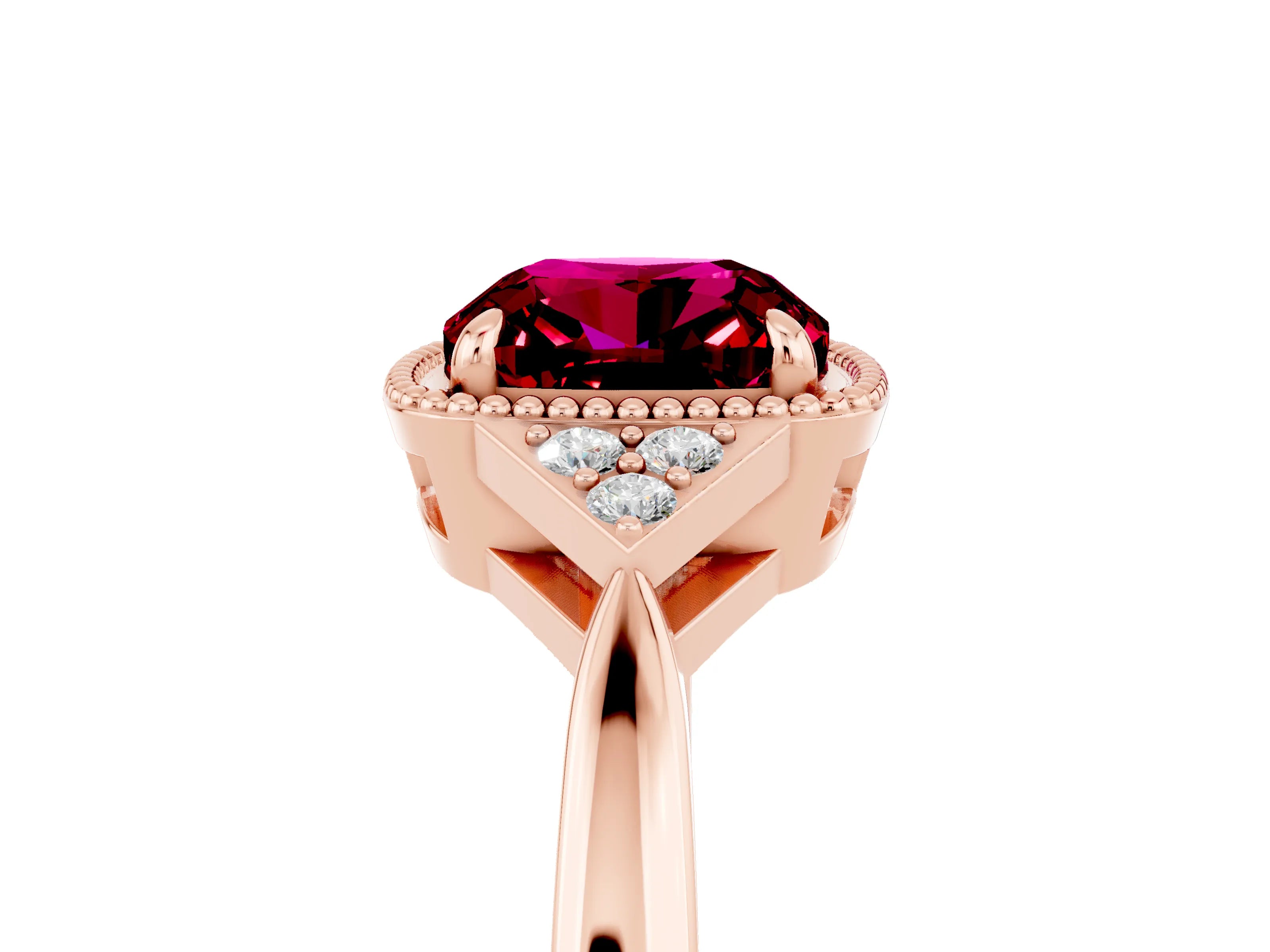 Rose gold Cushion Cut Garnet Halo Ring with Tapered Band and Four-Prong Setting_5