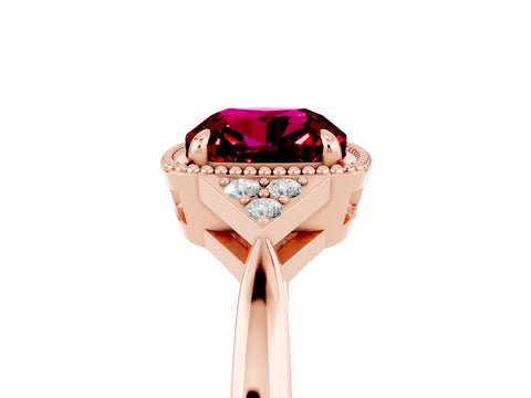Rose gold Cushion Cut Garnet Halo Ring with Tapered Band and Four-Prong Setting_5