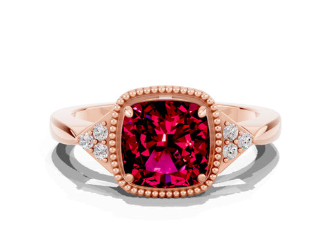 Rose gold Cushion Cut Garnet Halo Ring with Tapered Band and Four-Prong Setting