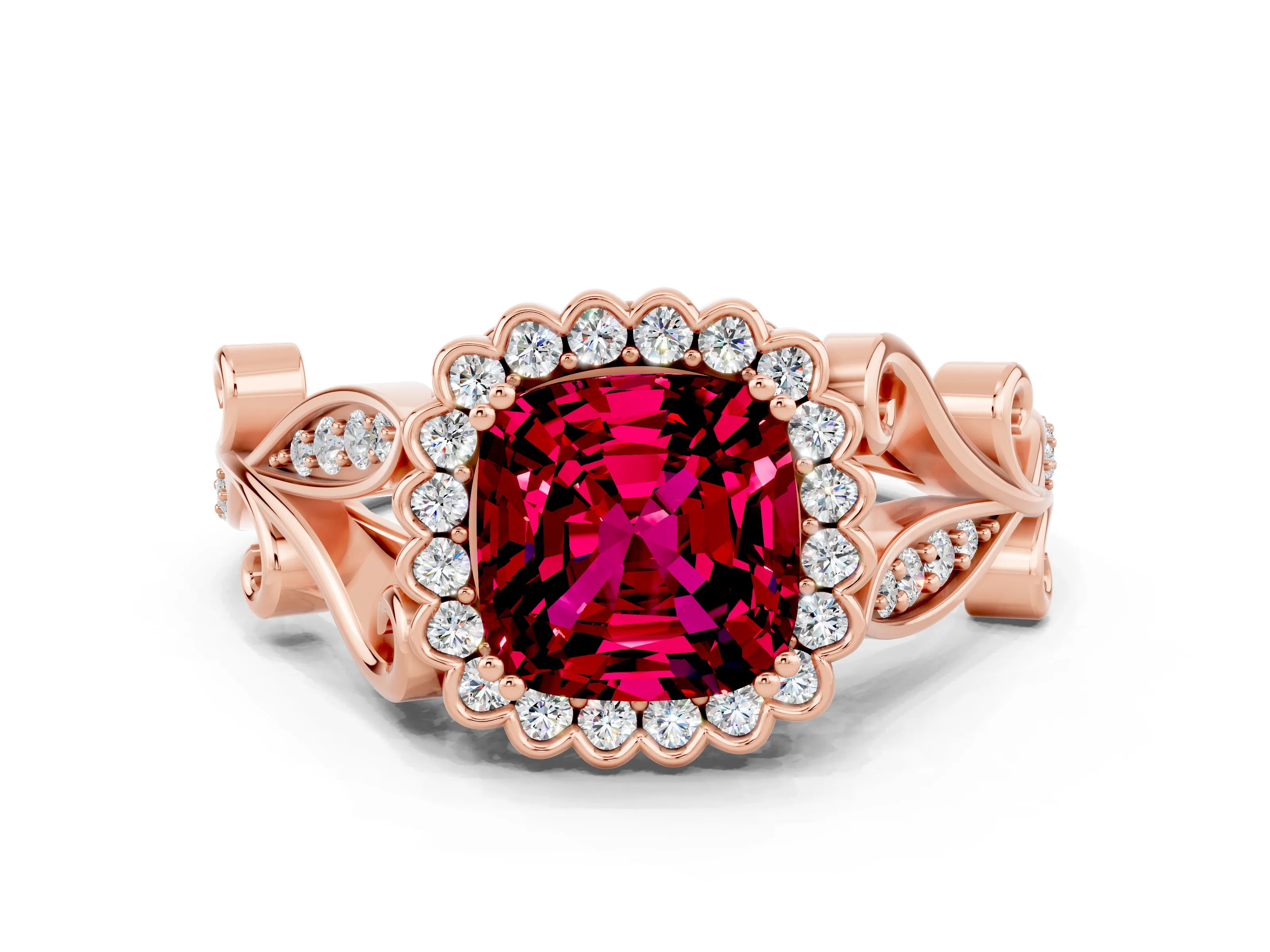 Rose gold Cushion Cut Garnet Halo Ring with Vintage Split Shank and Four-Prong Setting