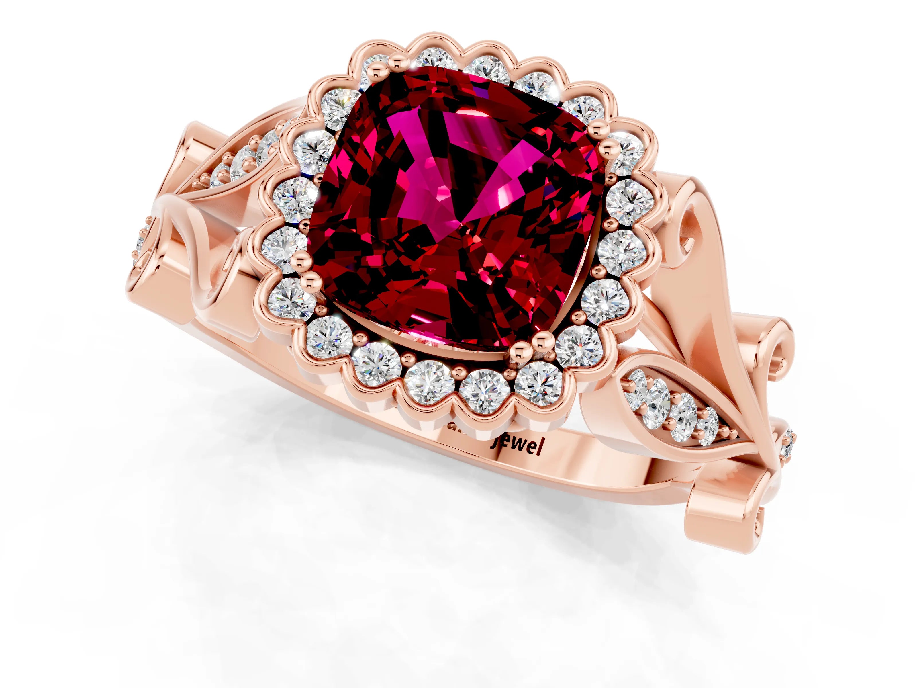 Rose gold Cushion Cut Garnet Halo Ring with Vintage Split Shank and Four-Prong Setting_1