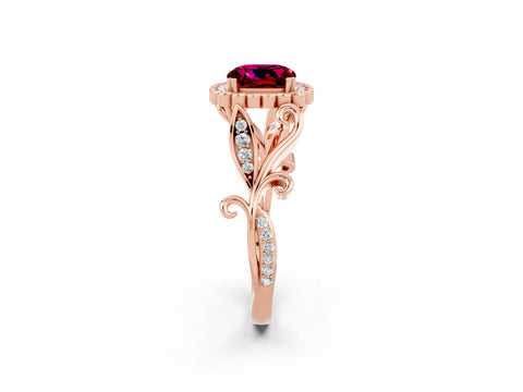 Rose gold Cushion Cut Garnet Halo Ring with Vintage Split Shank and Four-Prong Setting_2