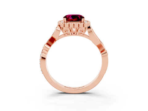 Rose gold Cushion Cut Garnet Halo Ring with Vintage Split Shank and Four-Prong Setting_3