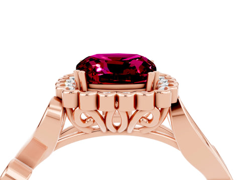 Rose gold Cushion Cut Garnet Halo Ring with Vintage Split Shank and Four-Prong Setting_4