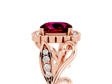 Rose gold Cushion Cut Garnet Halo Ring with Vintage Split Shank and Four-Prong Setting_5
