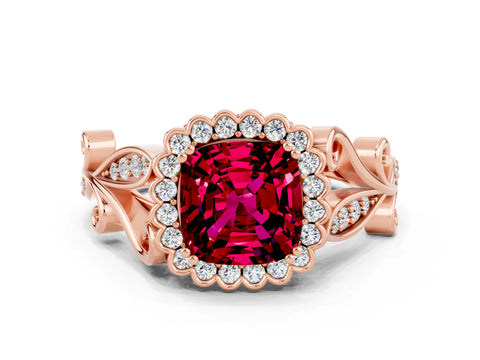 Rose gold Cushion Cut Garnet Halo Ring with Vintage Split Shank and Four-Prong Setting