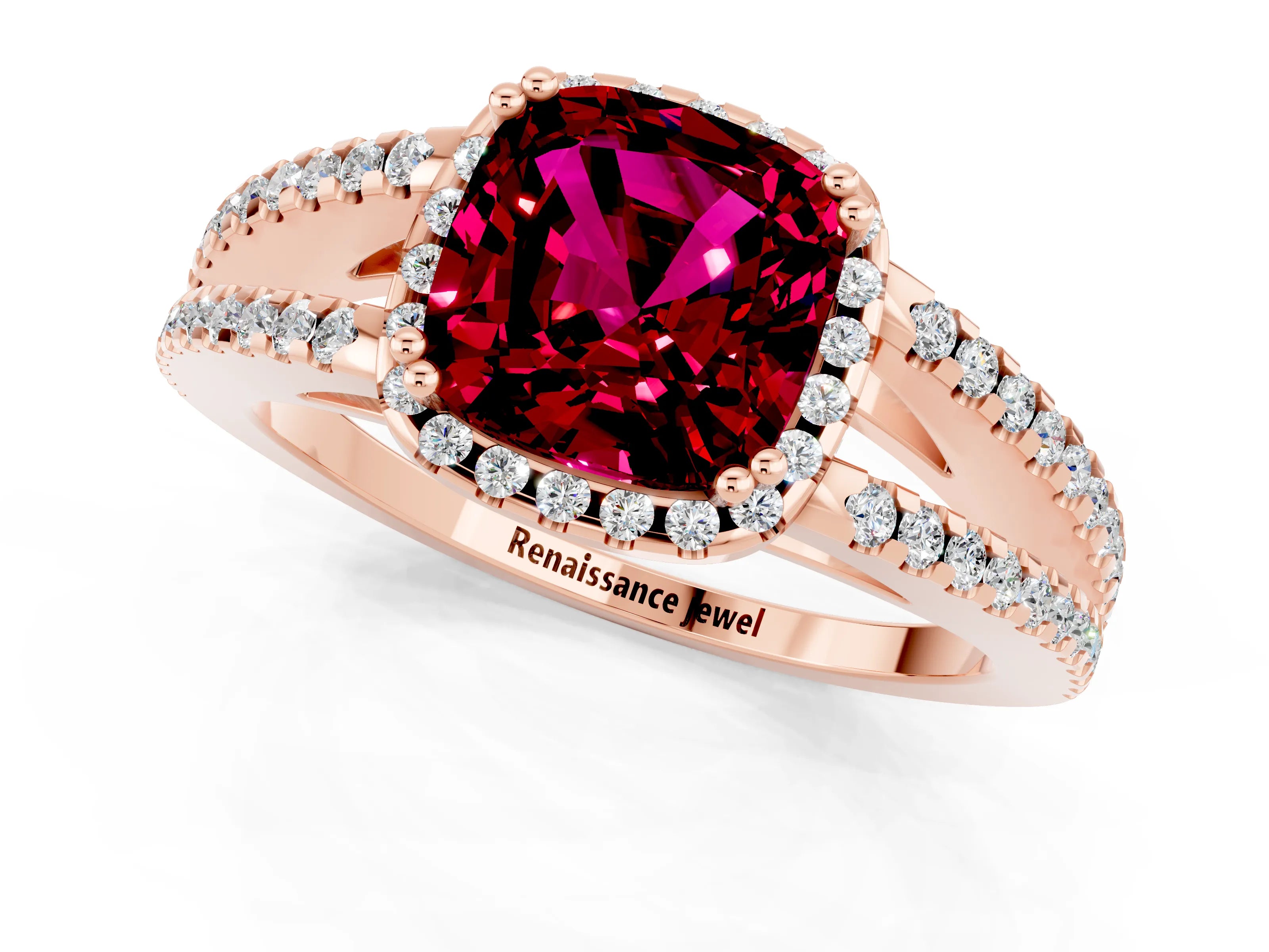 Rose gold Cushion Cut Garnet Halo Split Shank Engagement Ring_13