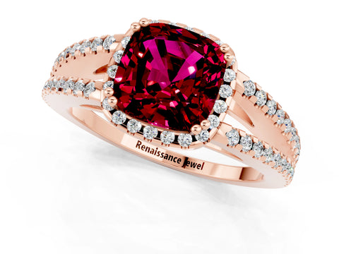 Rose gold Cushion Cut Garnet Halo Split Shank Engagement Ring_13