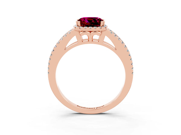 Rose gold Cushion Cut Garnet Halo Split Shank Engagement Ring