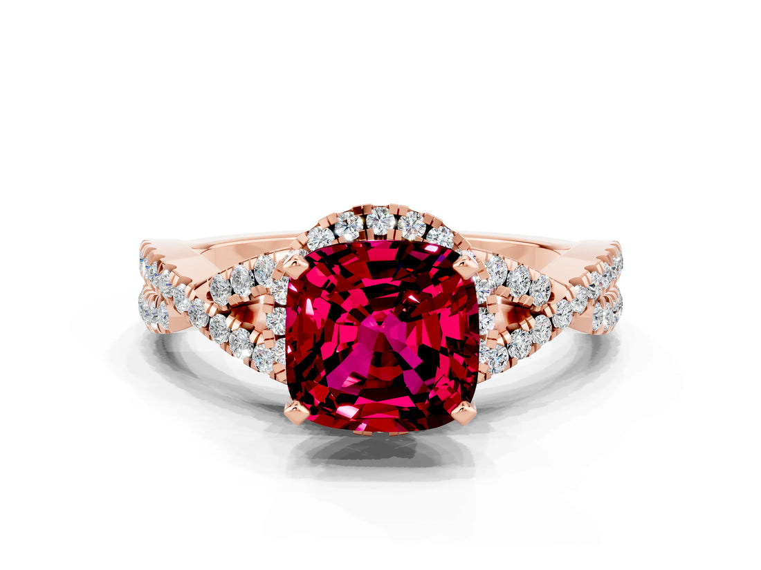 Rose gold Cushion Cut Garnet Halo Twist Band Solitaire Prong Setting Ring