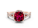 Rose gold Cushion Cut Garnet Halo Twist Band Solitaire Prong Setting Ring