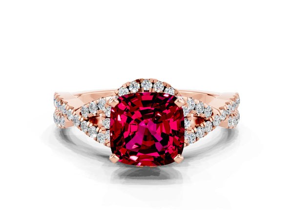 Rose gold Cushion Cut Garnet  Halo Twist Band Solitaire Prong Setting Ring