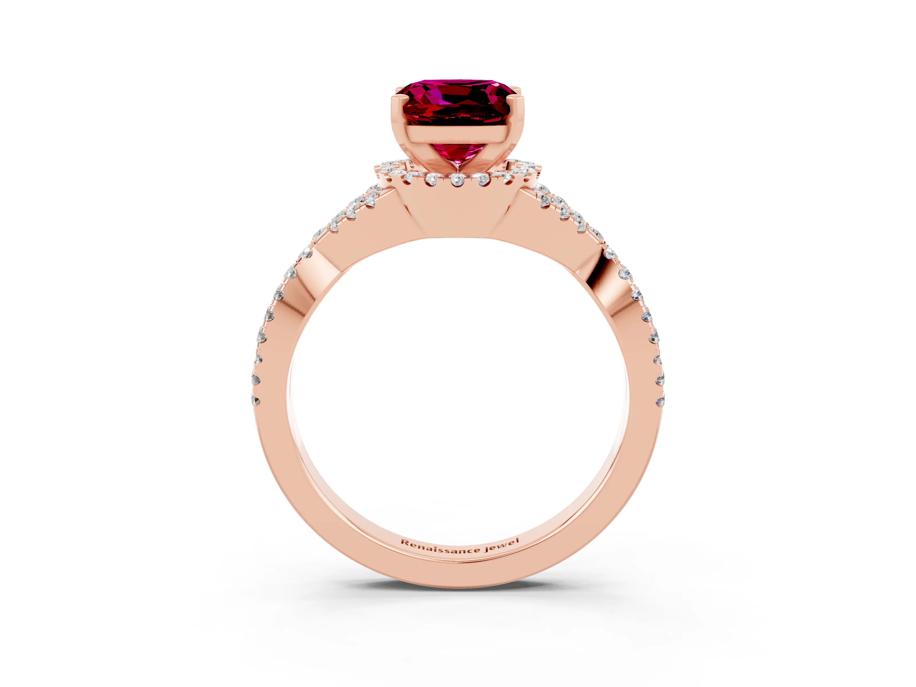 Rose gold Cushion Cut Garnet Halo Twist Band Solitaire Prong Setting Ring_3