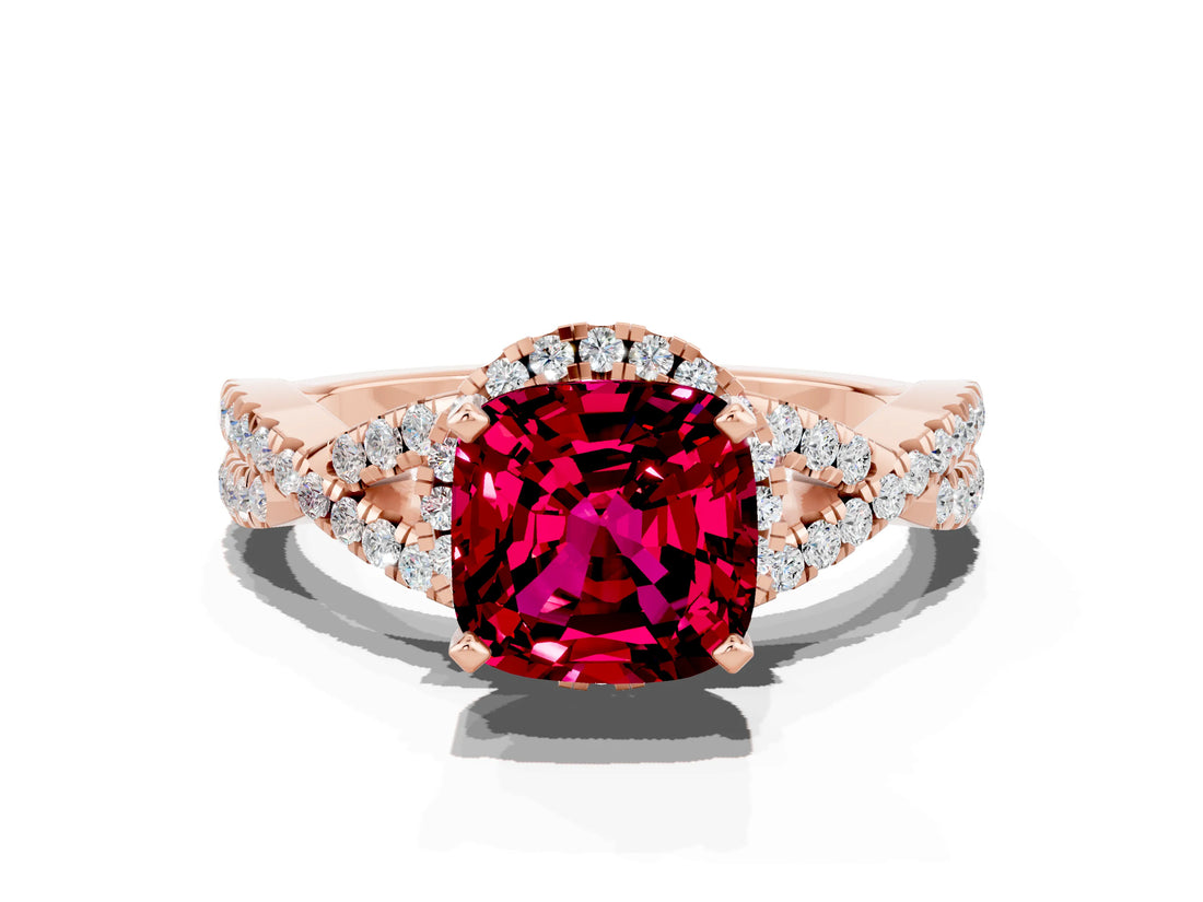 Rose gold Cushion Cut Garnet  Halo Twist Band Solitaire Prong Setting Ring_42