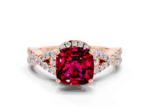 Rose gold Cushion Cut Garnet Halo Twist Band Solitaire Prong Setting Ring