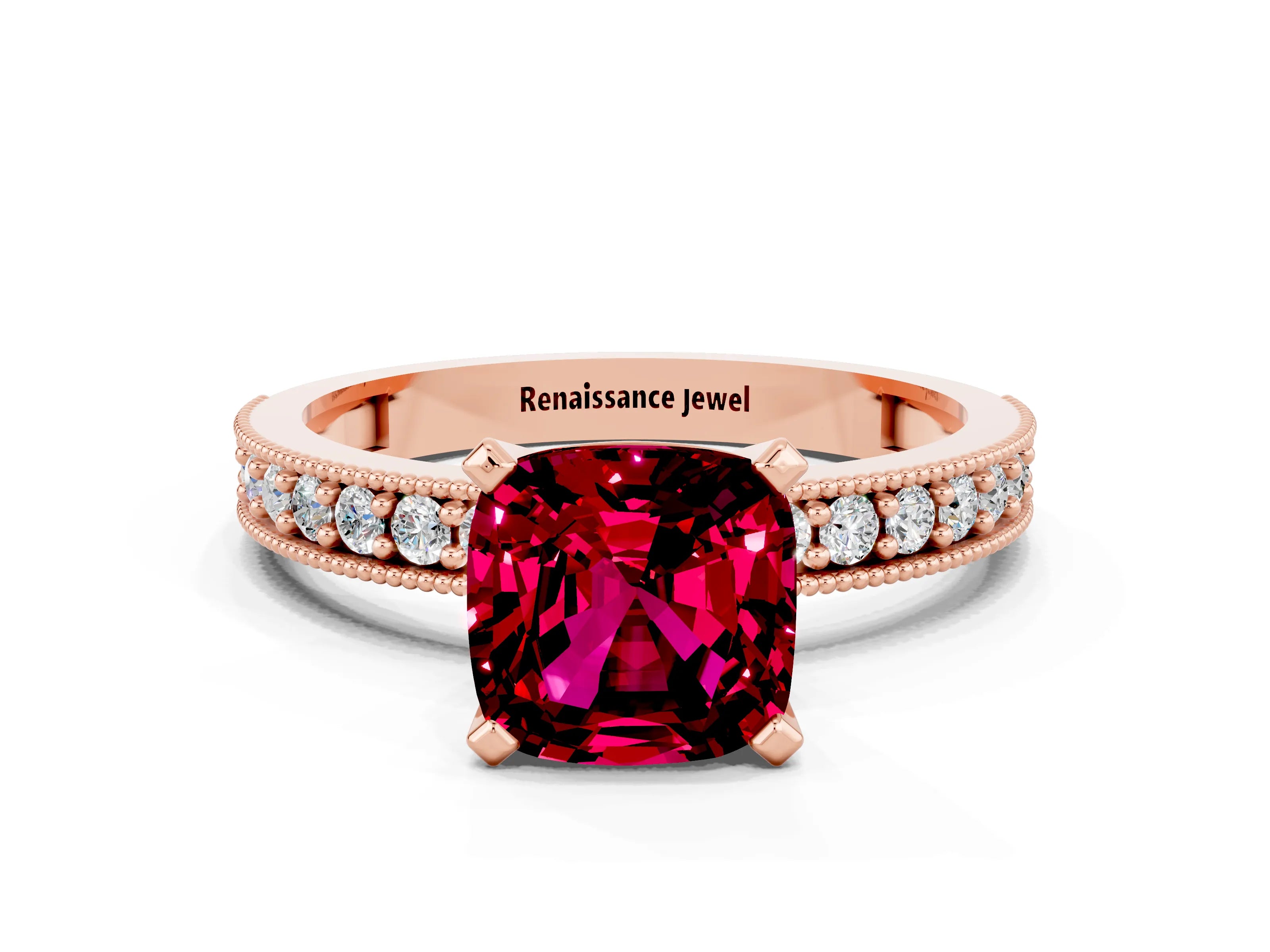 Rose gold Cushion Cut Garnet Milgrain Pavé Engagement Ring with Four-Prong Setting_12