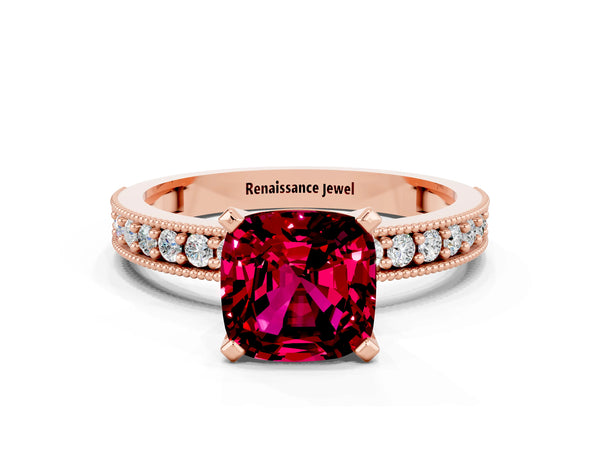 Rose gold Cushion Cut Garnet Milgrain Pavé Engagement Ring with Four-Prong Setting