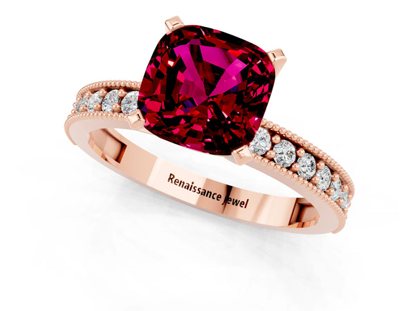 Rose gold Cushion Cut Garnet Milgrain Pavé Engagement Ring with Four-Prong Setting