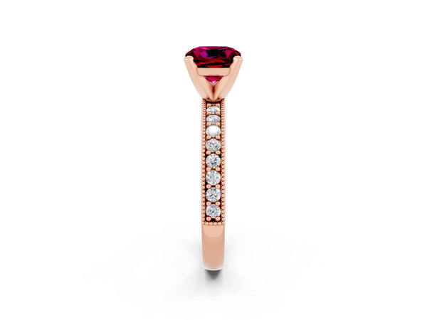 Rose gold Cushion Cut Garnet Milgrain Pavé Engagement Ring with Four-Prong Setting