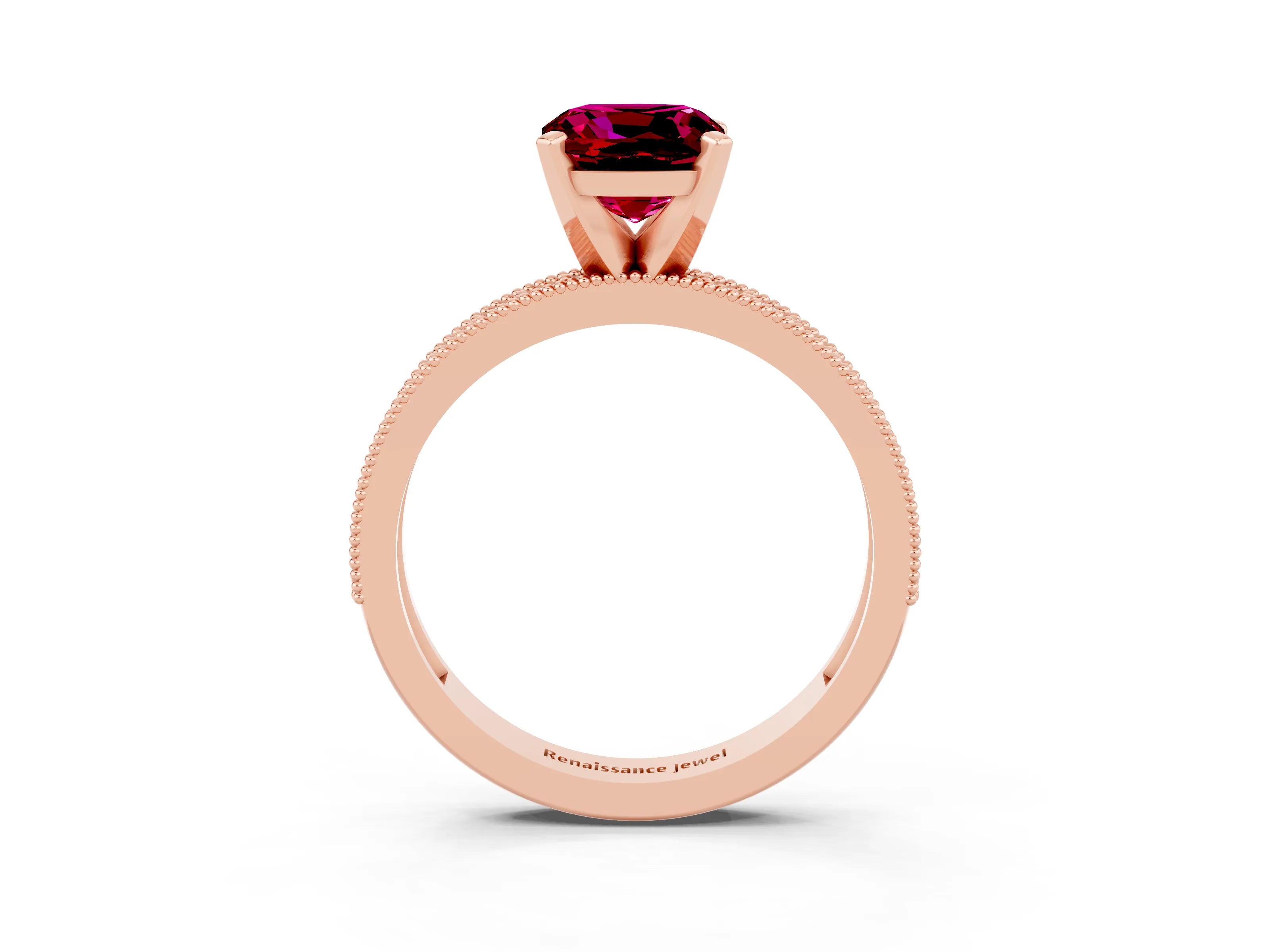Rose gold Cushion Cut Garnet Milgrain Pavé Engagement Ring with Four-Prong Setting_15