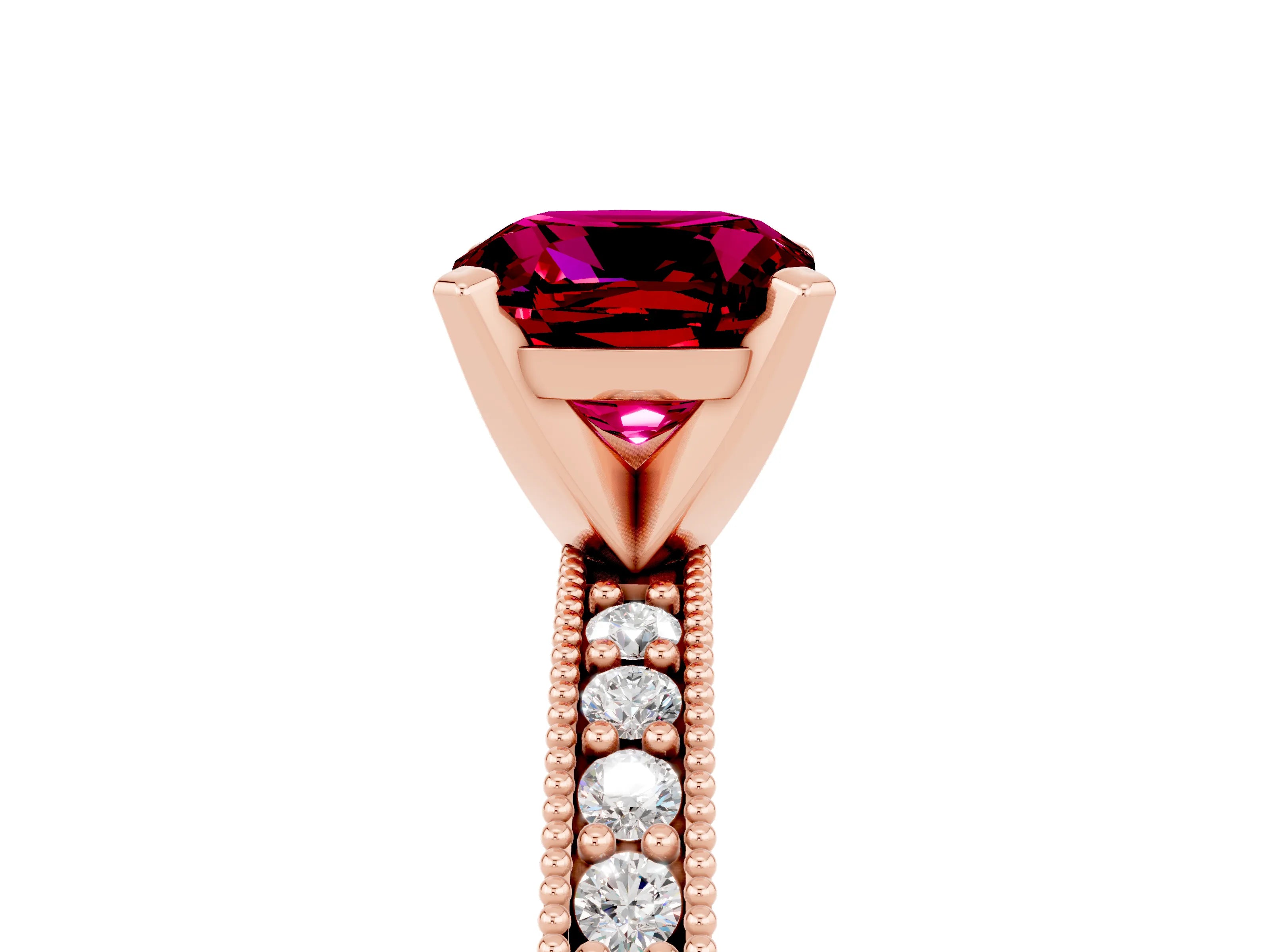 Rose gold Cushion Cut Garnet Milgrain Pavé Engagement Ring with Four-Prong Setting_17